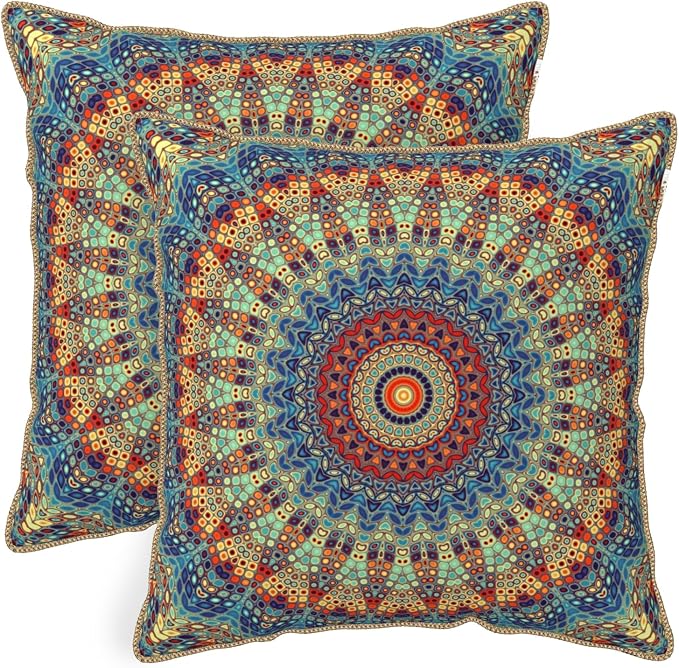 KSLIDS Boho Mandala Floral Soft Velvet Throw Pillow Covers Set of 2 Navy Blue Orange Flower Decorative Pillow Covers 16x16 Inch Abstract Retro Pillow Case for Sofa Couch Outdoor Modern Home Decor