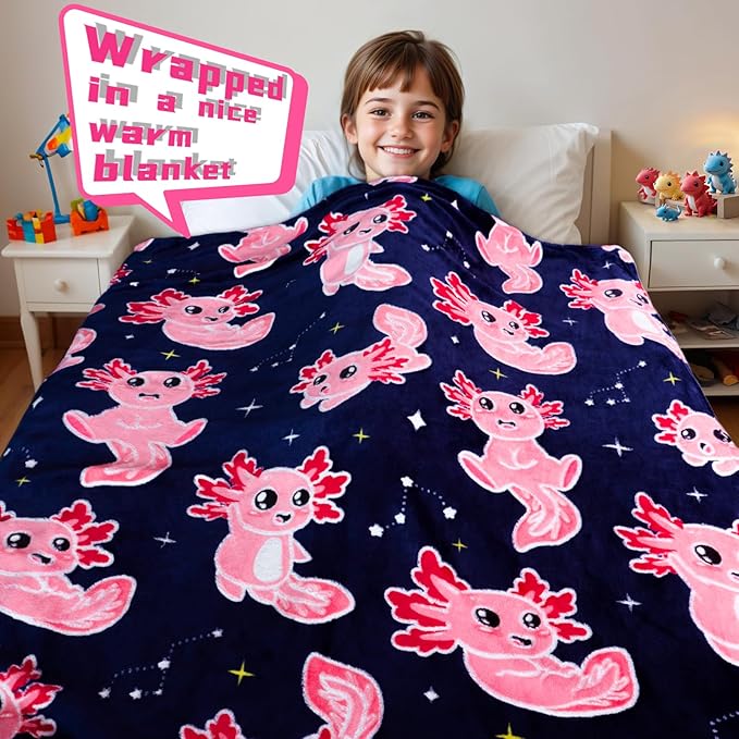 BORORO Axolotl Blanket Pink Glow in The Dark Blanket Axolotl Gifts Soft Cozy Cute Salamander Blanket Axolotls Toys Birthday Gifts for Girls Kids Boys 60x80 inch