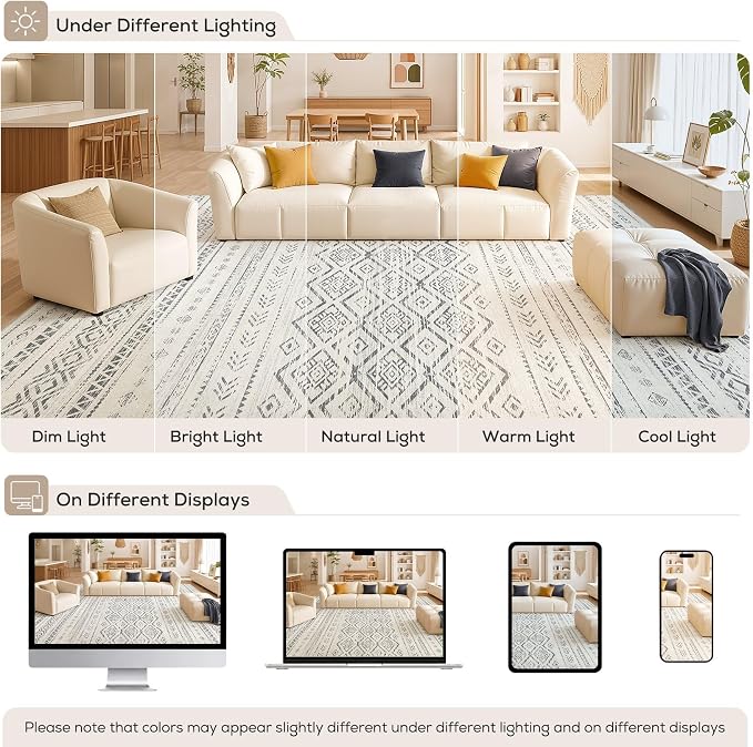 Nakagishi Area Rug Living Room Rugs: 7x9 Large Soft Machine Washable Boho Moroccan FarmNeutral Stain Resistant Indoor Floor Carpet for Bedroom Under Dining Table Home Office Decor-Grey