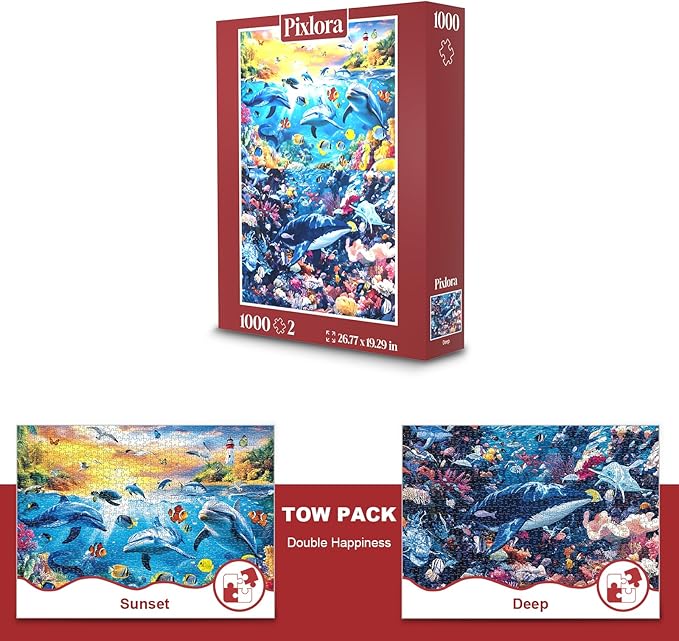 Jigsaw Puzzles for Adults 1000 Pieces - 2-Pack Dolphin Sunset & Deep Sea Puzzle, Puzzle 1000 Pieces, Difficult Jigsaw Puzzles, Vibrant Ocean Art Gift