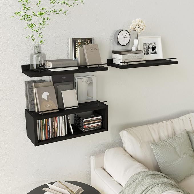 Floating Shelves for Wall with Cube Shelf, Wall Shelves with Metal Rail for Bathroom Decor, Bathroom Organizers and Storage, Over Toilet Shelves for Toilet Paper-Black
