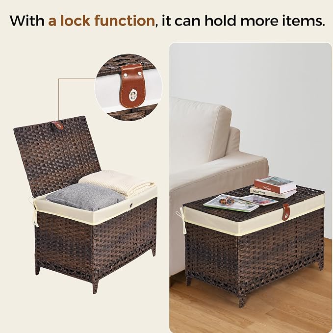 Wicker Storage Basket with Lid, 105L Shelf Basket with Removable Liner Bag | Rattan-Inspired Woven Design, Elevated Feet, Storage Trunk for Wardrobe, Bedroom & Home Organization