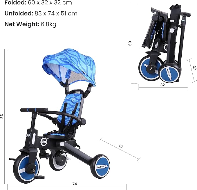 Adventure Pro Summer Edition - Foldable Tricycle for Toddlers-Big Canopy, Basket,Travel Backpack and Parent Bag - Toddler Tricycle for Ages 10 Months to 5 Years (Waves/Blue)