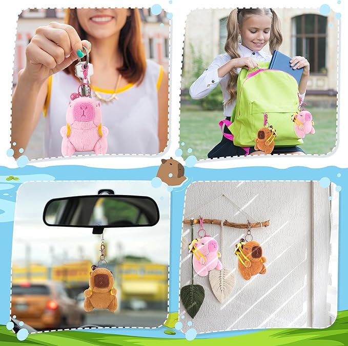 Achwishap 2PCS Capybara Plush Keychain,Cute Keychain Capybara Stuffed Animal,Soft Capybara Plush Toys Key Chain,Kawaii Plushie Stuffed Toys for Kids Adults(Bee Backpack,Brown and Pink Capybara)