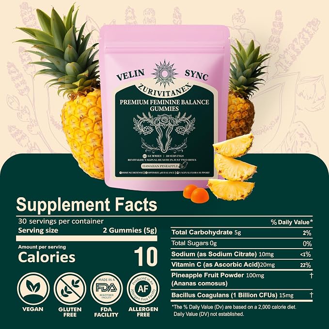 Women’s Daily Probiotic Gummies – Feminine Balance & pH Support – Vegan, Gluten-Free – Pineapple Flavor – 60 Gummies (30 Servings)