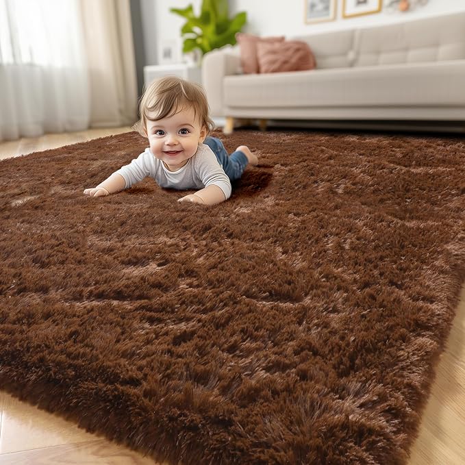 Amdrebio Dark Brown Area Rugs for Bedroom Living Room, Fluffy Shaggy Plush 4x6 Rug for Kids Room Decor Aesthetic, Modern Cool Fuzzy Furry Chocolate Coffee Carpet for Classroom Playroom Dorm Nursery