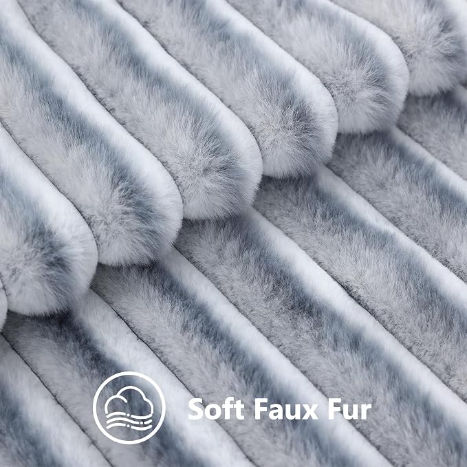 decorUhome Fall Faux Fur Throw Pillow Covers 26x26 Set of 2 Grey White | Decorative Soft Cozy Striped Plush Modern Farmhouse Boho Couch Pillow Cases Velvet Back for Sofa Bed Living Room Home Decor