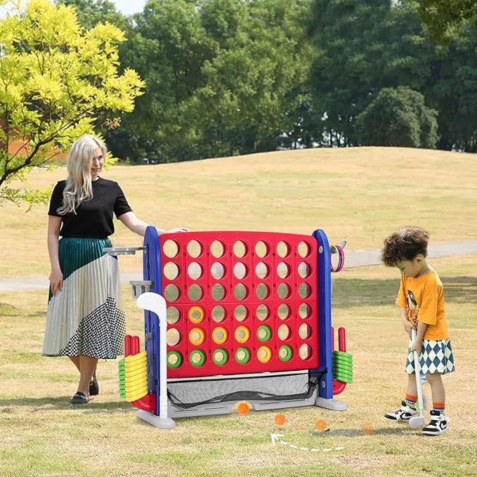 JOYLDIAS Jumbo 4-to-Score Giant Game Set, 4 in a Row Game with Ring Toss, Golf & More, 3.5FT Tall Indoor/Outdoor Connect Game with 42 Jumbo Rings & Quick-Release Slider, Holiday, Party & Family Games