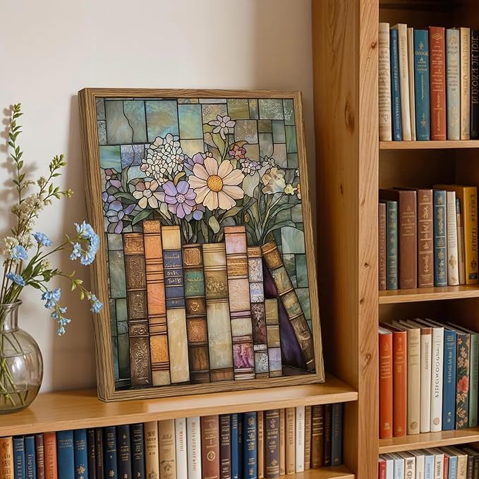 YYNISPIN Vintage Book Wildflower Wall Art Moody Stained Glass Book Lover Wall Decor Painting, Whimsical Reading Nook Library Poster Canvas Prints for Cottage Bedroom Living Room 12x16 inch Frame