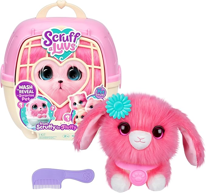 SCRUFFALUVS Pet Scruffs Pink - Mystery Plush Toy, 7.5" Tall - Wash to Reveal 1 of 3 Rescue Pets: Puppy, Bunny, or Kitty - Includes 8.7" Deluxe Pet Carrier - Styles May Vary