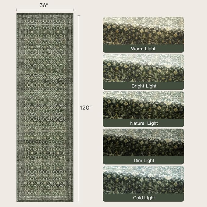 3' X 10' Area Rugs for Hallways, Green Washable Non-Slip Kitchen Runner Rug | Low Pile Runner Rugs, Soft Carpet for Kitchen Bathroom Bedroom Laundry, Stain Resistant Foldable Vintage Distressed Rug