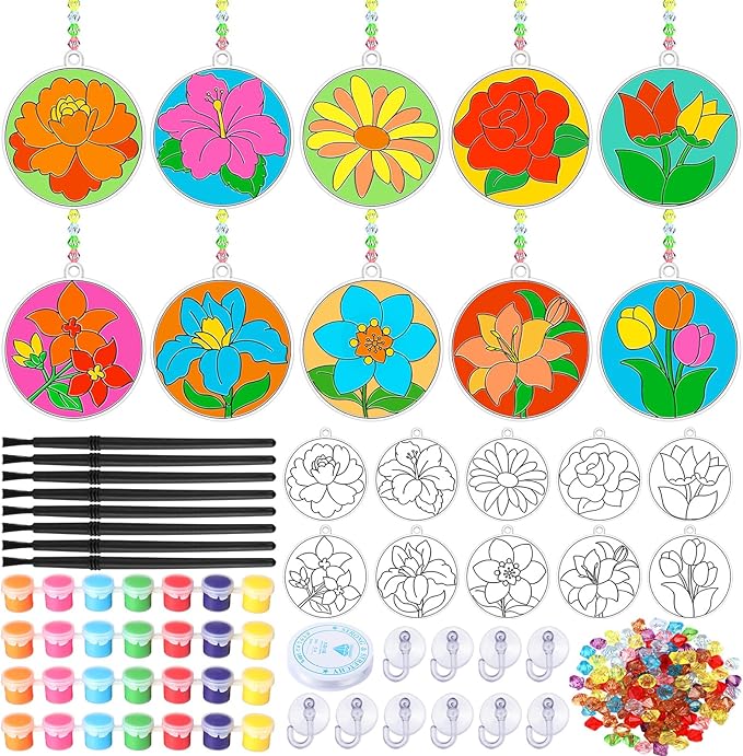 30 Sets Spring Flower Suncatchers Window Art Kits, Mother's Day Floral DIY Sun Catchers Crafts Paint Your Own Window Ornaments for Boys Girls Classroom Home Party Birthday Activity Decor