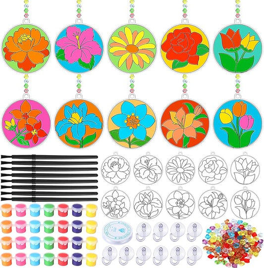30 Sets Spring Flower Suncatchers Window Art Kits, Mother's Day Floral DIY Sun Catchers Crafts Paint Your Own Window Ornaments for Boys Girls Classroom Home Party Birthday Activity Decor