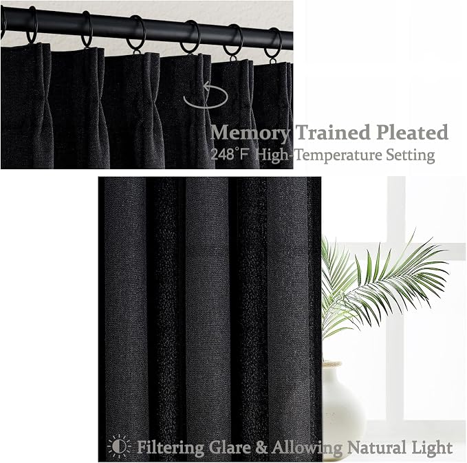 Black Viral Sheer Curtains 84 Inches Long for Living Room 2 Panels Set, Modern Pinch Pleat Textured Linen Bedroom Curtain Light Filtering Privacy Aesthetic Window Drapes for Ceiling Track 84 Inch Burg