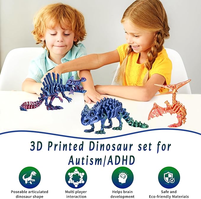 3PCS 3D Printed Dinosaur Skeletons, 3D Printed Dragon Animals Toys, Spinosaurus Pterosaur Ankylosaurus Fidget Toys Desk, Poseable with Articulated Joints, Home Decor, Stress Relief Toy (Dinosaur-B)