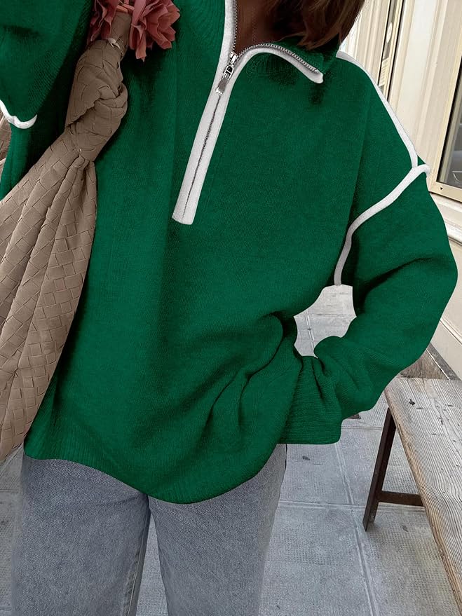 ANRABESS Womens Quarter Zip Sweaters Fall Long Sleeve V Neck Shirts Collared Business Casual Tops Knit Pullover Sweatshirts