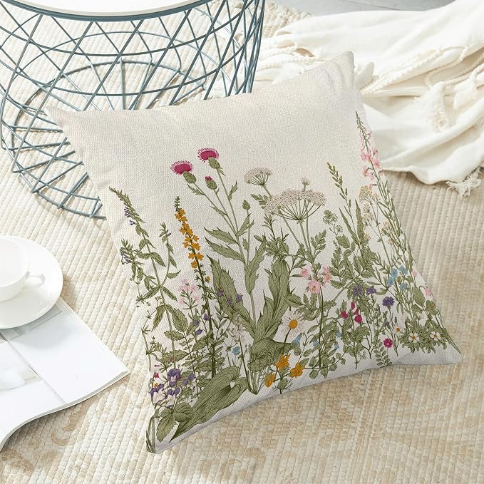 AEIOAE Sage Green Pillow Covers 20x20 Inch Set of 2, Spring Wildflower Plant Throw Pillows Case,Seasonal Floral Outdoor Decorative Flowers Farmhouse Decor Cushion Covers for Home Sofa Bed Couch
