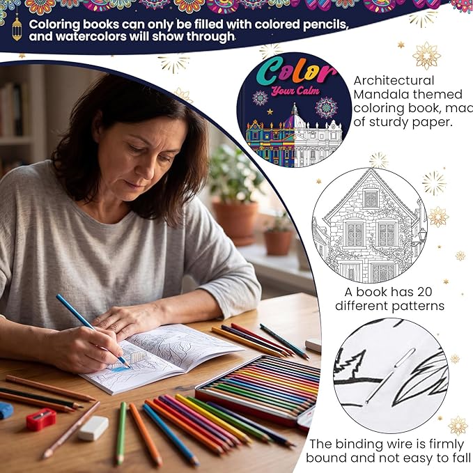 Liliful 144 Pcs Architectural Mandala Coloring Book Bulk 5 x 7 Inch Landmark & Building Themed Mindfulness Coloring Books for Stress Relief, Party Favors & Adult Gifting
