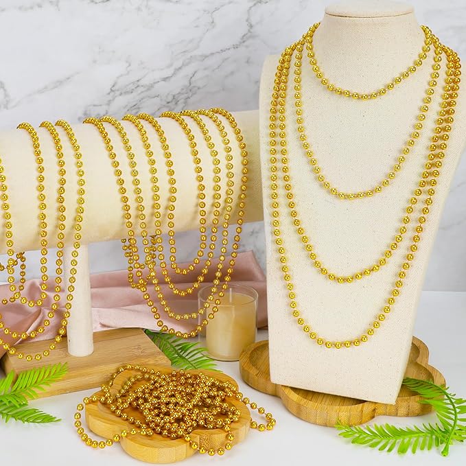 24 PCS Gold Bead Necklace, 33" Mardi Gras Beads Bulk, Mardi Gras Beaded Necklace Accessories, Round Necklaces Parade Throw Beads for Carnival Party Supplies Wedding Birthday