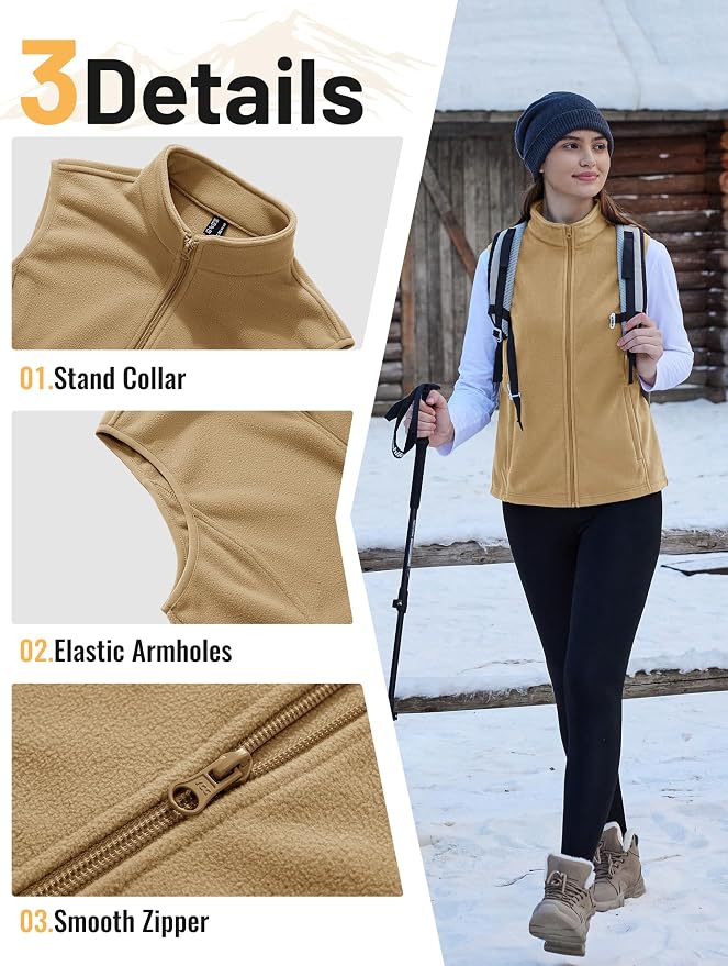 TACVASEN Women's Fleece Vest Lightweight Sleeveless Zip Jacket Outerwear | Soft Polar,Zipper Pockets,Stand Collar,Fall Winter Warm,Outdoor,Athletic,Running,Hiking,Travelling,Golf,Work