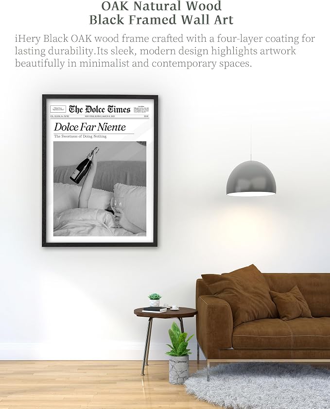 iHery 16x20in Dolce Far Niente Black Framed Newspaper Wall Art | Premium Black Natural OAK Wood Frame with Canvas Print, The Sweetness of Doing Nothing Decor for Bedroom, Living Room 1Pack