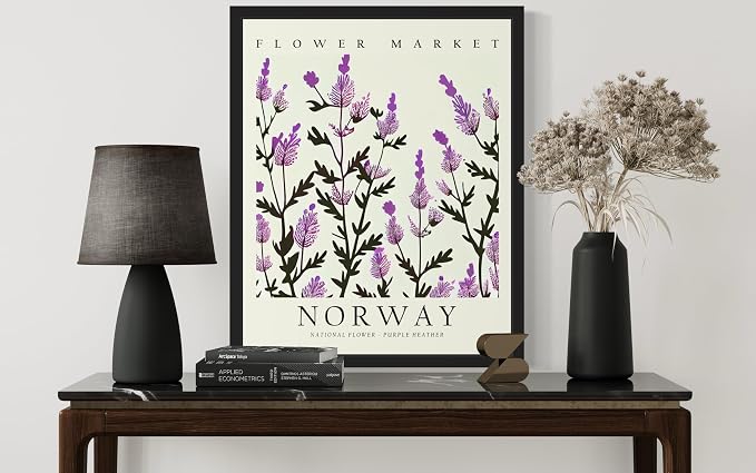 Norway, Purple Heather Art Print Poster, Flower Market Wall Art, Floral Artwork Decor for Bedroom, Kitchen, Bathroom, Livingroom Decoration 52 (Norway, Purple Heather, 10"L x 8"W, Black Frame)