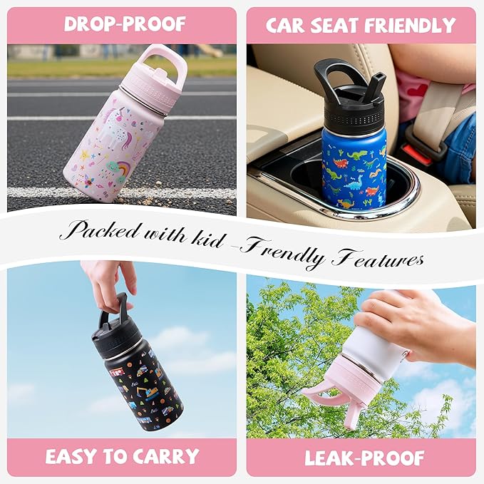 2 Pack Kids Water Bottle,14oz Stainless Steel Insulated Water Tumbler Leak-Proof,School Water Mug,Small and Portable,Suitable for Boys and Girls to Use(White rainbow + Pink unicorn)