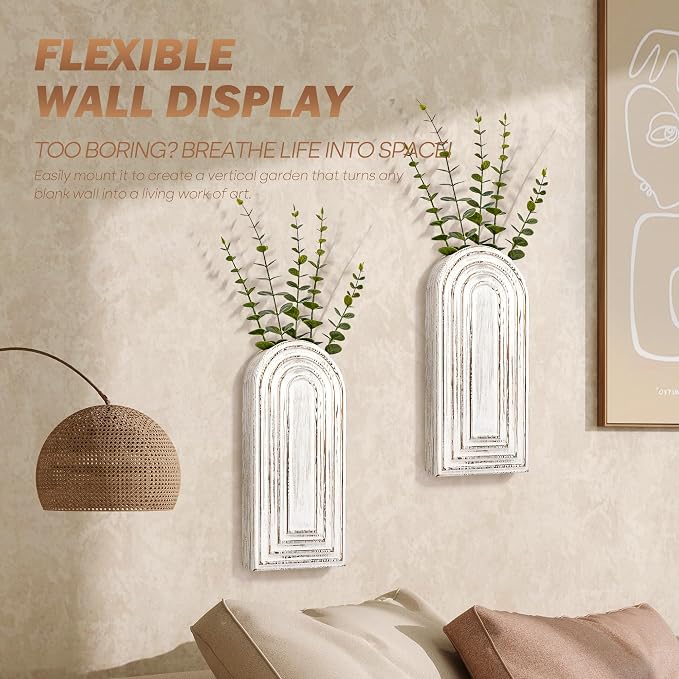 EOSAHR Wall Vase: Wall Planter for Indoor Plants & Fake Flowers, Whitewash | 2Pcs, Pine Wood, 3D Embossed Lines, Round Corner Design, Hanging Plant Holder, Wall Art for Living Room Decor