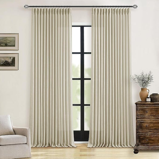 86 Inch Linen Neutral Curtains 2 Panels Set Pinch Pleated for Living Room Bedroom Memory Training Shaped Semi Sheer Neutral Beige Flax Burlap Pleat Drapes Hooks Rings Light Filtering Window Curtain