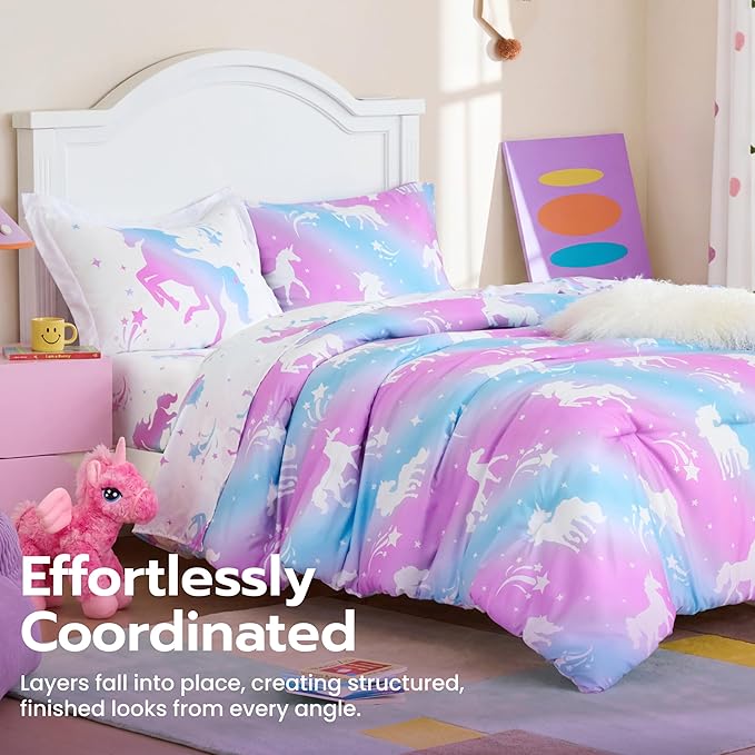 Joiedomi Kid Twin Comforter Set 5 Piece Dream Unicorn Bedding Set for Boys Girls Super Soft Microfiber Bed in a Bag with Comforter Sheets Pillowcase Sham