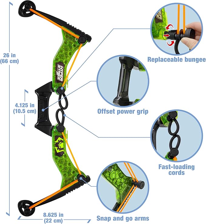 Zing HyperStrike Bow Archer Pack, 1 Clear Green Bow, 6 Green Zonic Whistle Arrows and 1 Set of Orange Bungee, Shoots Arrows Up to 250 Feet