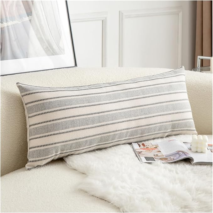 Cethom Decorative Boho Lumbar Pillow Covers, Modern Farmhouse Couch Pillowcase, 14 x 36 Long Accent Body Throw Pillow Covers, Sofa Bed Living Room Decor Cushion Case, Grey and Beige, Pack of 1