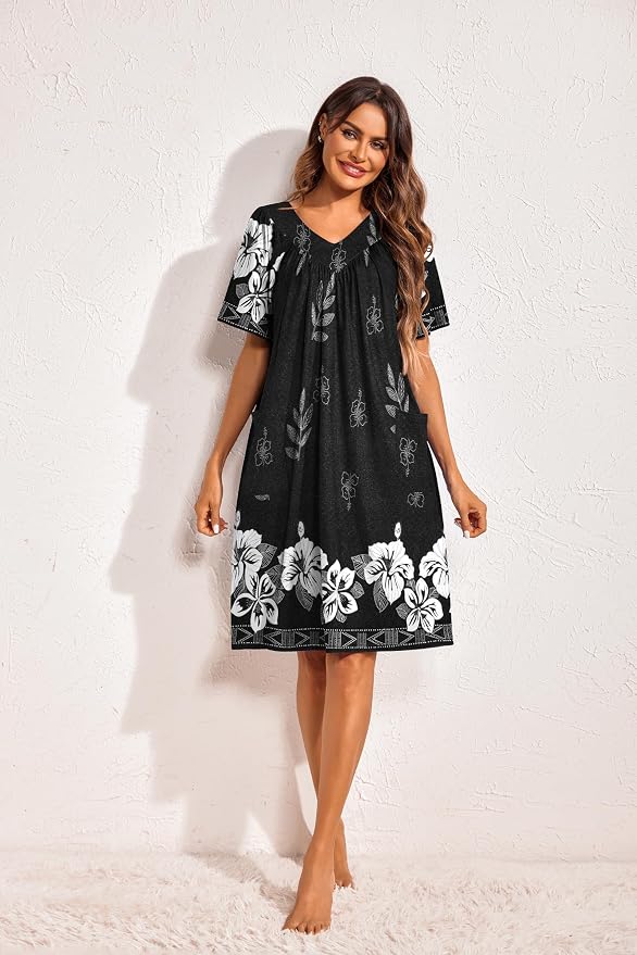 Ekouaer Womens House Dress Floral Print Nightgown with Pockets Mumu Dress