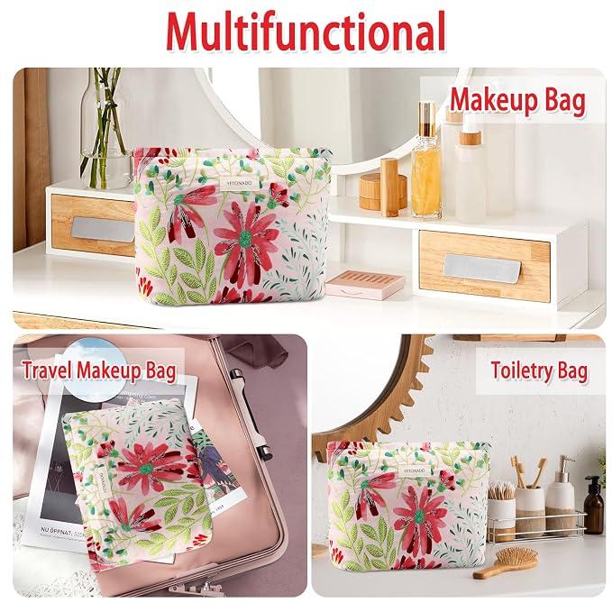 ZLFSRQ Floral Makeup Bag for Women Cute Cosmetic Bag Large Capacity Cosmetic Pouch Embroidery Vintage Zipper Makeup Pouch for Purse Portable Travel Toiletry Bags Aesthetic Skincare Storage Organizer