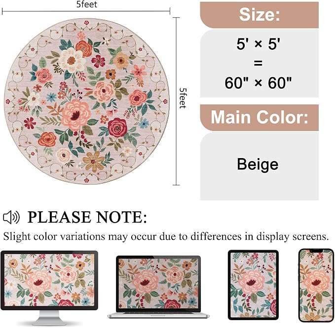 DUKINO 5ft Round Rug, Non Slip Floral Washable Small Circle Rug, Beige | Soft, Low Pile, Floral Indoor Area Rug for Bedroom, Living Room, Kids Room, Office, Pet Friendly, Stain Resistant, Home Decor