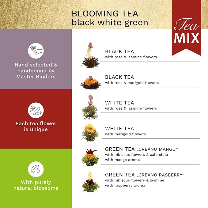 Creano Tea Flowers Mix Golden Gift Set Blooming Tea with Glass Teapot White, Green & Black Tea in 6 Varieties Tea Flower Blooming Tea Gift for Women