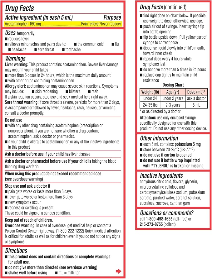 Infants’ Tylenol Oral Suspension Liquid Medicine with Acetaminophen, Baby Fever Reducer & Pain Reliever for Minor Aches & Pains, Sore Throat, Headache & Teething Pain, Dye-Free Apple Flavor, 2 fl. oz