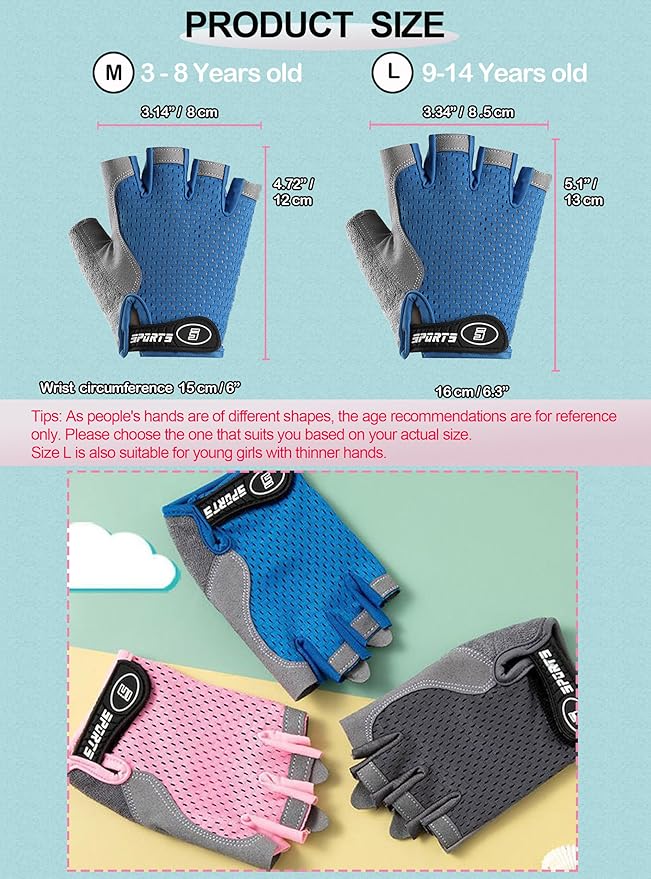 Kids Fingerless Cycling Gloves Non-Slip Bike Gloves for Youth Girls Boys 3-14T, Breathable Gloves for Skating Scooter
