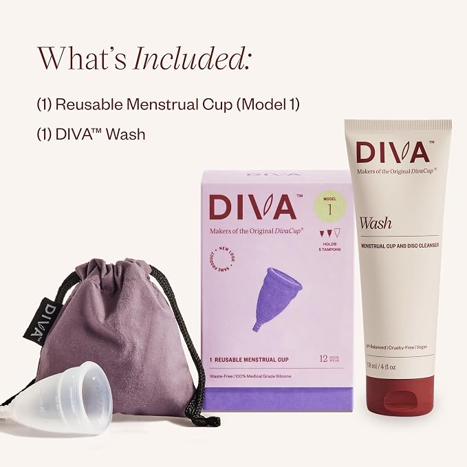 Diva Cup & Diva Wash Combo Pack - Medical Grade Silicone Cup for Period Care - Reusable Menstrual Cup - Cleaner for Period Cup - Cup Model 1 (for Medium to Heavy Flow)