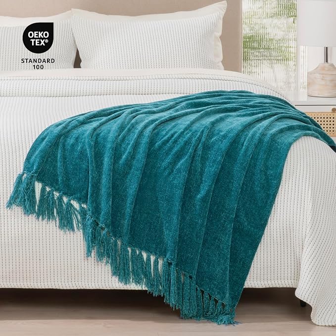 RECYCO Chenille Throw Blanket for Couch, 60"x80", Teal | Super Soft Knit Throw Blanket with Fringe Tassels, Lightweight Knitted Throw, Cozy, Ideal for Sofa Chair Bed Living Room Gift