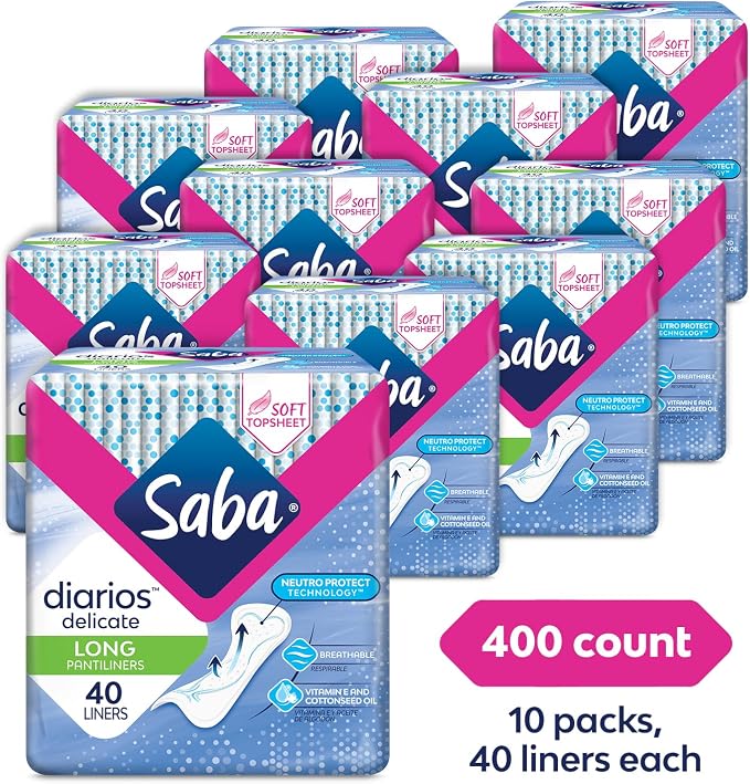 SABA Diarios Long Delicate Pantiliners, Unscented, Breathable & Comfortable for Everyday Freshness, 10-Pack of 40 Pads (400 Count)