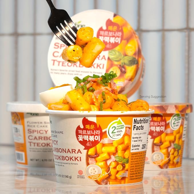 Jayone Cup Tteokbokki, Korean Rice Cake Street Food Snack, Quick & Easy to Cook, Microwavable, Moderately Spicy Carbonara Sauce (4 Cups)
