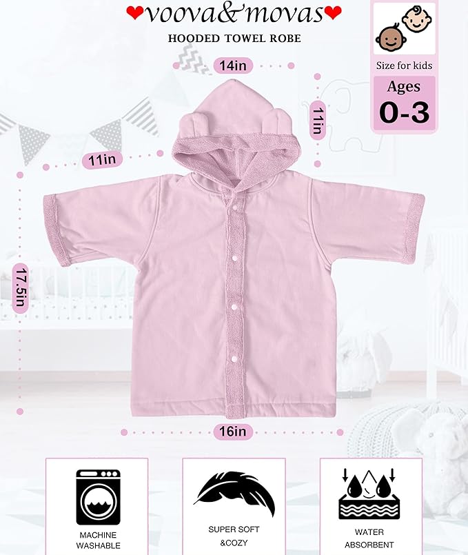 VOOVA & MOVAS Baby Hooded Towel with Bear Ear, 0-3Years | 100% Cotton,Low Lint, Ultra-Soft & Absorbent | Gentle for Sensitive Skin, Bath, Pool & Beach Towel | Newborn (Pink)