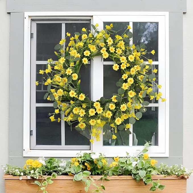 Pinkpum 22" Daisy Eucalyptus Wreath for Front Door, Artificial Spring Summer Floral Wreath for Front Door, Home Farmhouse Wedding Wall Window Decor