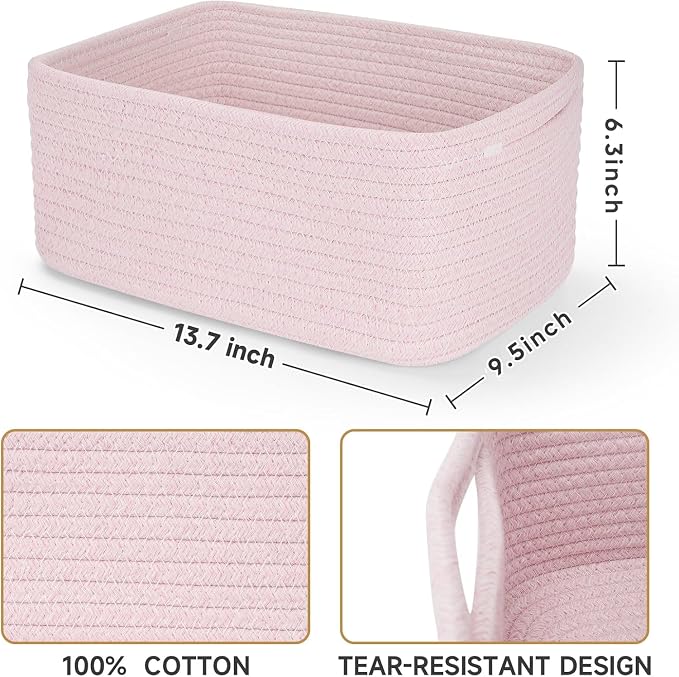 3 Pack Storage Baskets for Organizing, 13.7×9.5×6.3", Mixed Pink | Woven Baskets for Shelves, Cotton Rope Basket for Gifts Empty, Closet Organizer Bins with Handles, Cube Decorative Box