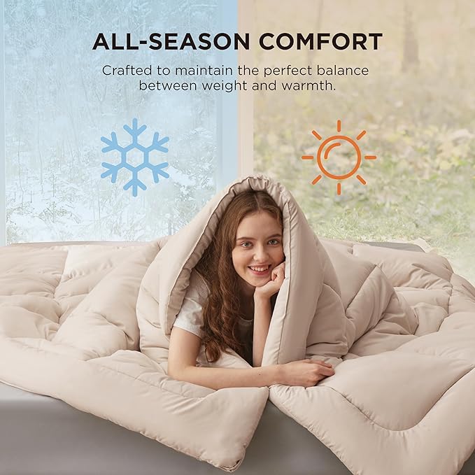 Bedsure Comforter Duvet Insert - Quilted Comforters Queen Plus Size, All Season Duvet, GentleSoft Down Alternative Bedding Blanket, with 8 Tabs, Gifts for Women/Men,Beige,Queen Plus 90 x 90 Inches