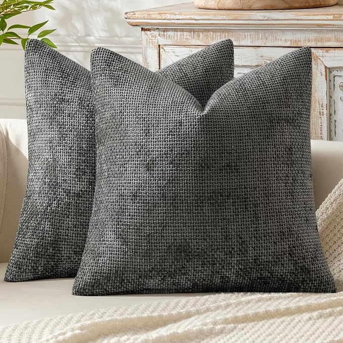 MIULEE Decorative Couch Throw Pillow Covers 18x18 Inch Dark Gray 2 Pack | Modern Boho Accent, Soft Chenille Pillow Covers, Farmhouse Cushion Cases for Home Decor Bed Sofa Living Room