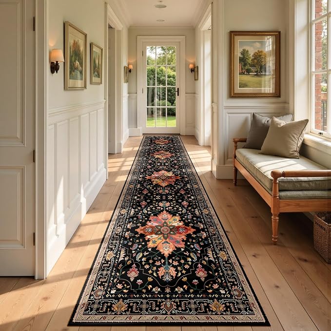RELEANY Area Rugs Runner 2'6"x10' Washable Non-Slip, Floral Vintage Distress Medallion Carpet for Kitchen Hallway Bedroom Beside Laundry Room Bathroom, Black Colorful Floral Dark Tan