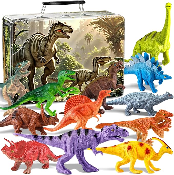 Dinosaur Toys for Kids 3-5, 12PCS Realistic Dinosaur Figures with Metal Storage Box for Boys Age 2-4-6, Dino Toys for 3 4 5 Year Old Boy Girl Christmas Birthday Gifts