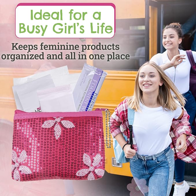 First Period Kit to-Go! - Organic Eco-Friendly Tween Pads & Liner - Period Bags for Teen Girls for School - Period Pouch & Teen Pads for Girls Ages 11-14, Teen Pads for Periods - Pads for Teens Girls